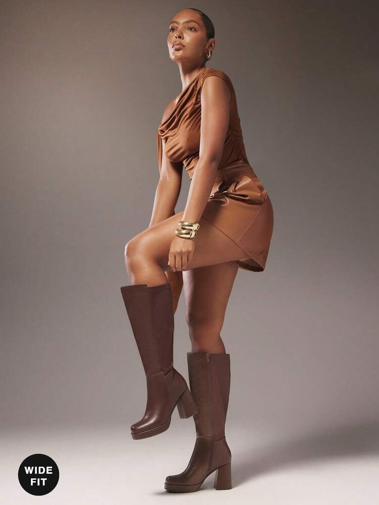 SHUZIA Bottes hautes à talons carrés et mollets larges pour femmes, élégantes et confortables