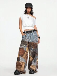 ROMWE Street Life Y2K 街头潮流朋克拼布印花宽松阔腿牛仔裤 - 彩色 - 查看 7