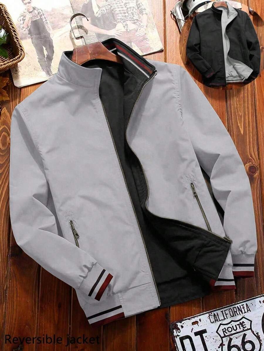 Manfinity Homme Herren Langarm Lässig Kontrast Farbige Gestreifte Jacke, Frühling/Herbst, Outdoor Windjacke - Grau - Übersicht 1