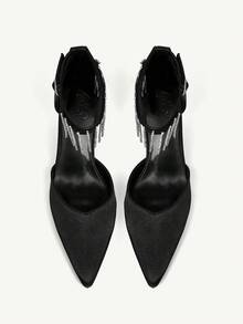 CUCCOO CHICEST Women's Pointed Toe Rhinestone Pendant Mid Heel Pumps, Elegant Luxurious Romantic Gothic Fashion Sexy Black Satin High Heels, Hollow Out Formal Dress Shoes For Wedding, Party, Cocktail, Holiday - Black - View 9