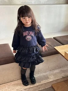 DAZY Infant/Toddler Girls' Ruffle Hem Korean Cartoon Letter Casual Dress - Navy Blue - View 5