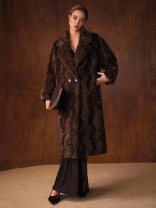 MOTF PREMIUM SOLID LAPEL COLLAR SLANT POCKET DOUBLE BUTTON PLACKET FAUX FUR COAT , FALL WINTER - Coffee Brown - View 5