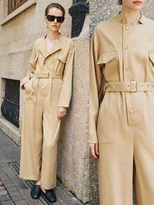 Lumivelle 女式休闲纯色翻盖细节扣带半纽扣连体裤，春秋 - 卡其色 - 查看 1