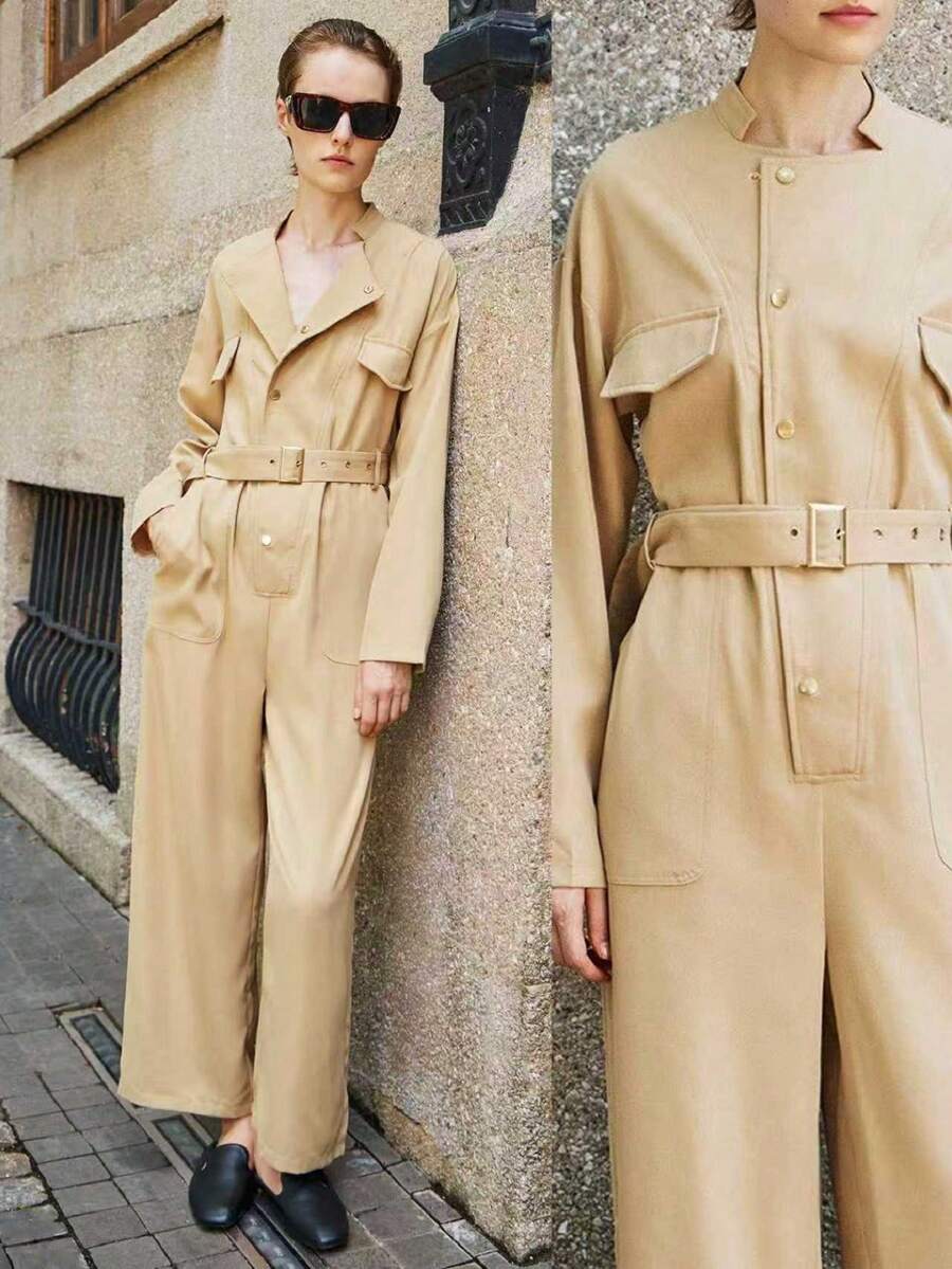 Lumivelle 女式休闲纯色翻盖细节扣带半纽扣连体裤，春秋 - 卡其色 - 查看 1