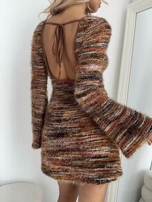 Aloruh Women's Striped Open Back Tie-Up Design Long Sleeve Fashionable Mini Dress - Multicolor - View 4