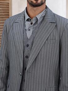 Manfinity Bizformal 2 件套休闲条纹长袖上衣和裤子套装，时尚都市装 - 灰色 - 查看 5