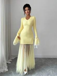 Elenzga Elegant Romantic Fitted A-Line Sweater Dress With Keyhole Neckline, Long Sleeve Fall Winter Cloth For Women