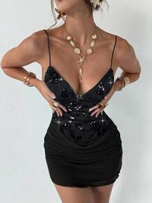 Aloruh Đầm ngắn cổ thấp cúp tam giác phối lưới sequin tương phản lãng mạn gợi cảm mới kèm quần short, chống nhấp nháy - màu đen - Xem 5