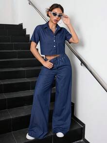 SHEIN 2pcs/Set Teen Girl Dark Blue Denim Short Sleeve Cropped Shirt And Loose Fit Pants