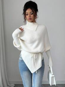 Elenzga Women's High Neck Batwing Sleeve Asymmetrical Hem Tie Waist Sweater Fall Winter Cloth For Women - Beige - View 7