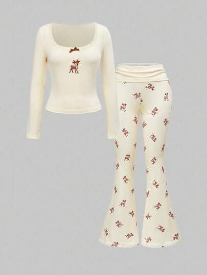 J-Fashion Blouse en dentelle brodée avec motif de cerf assorti à un pantalon évasé imprimé cerf, automne/hiver