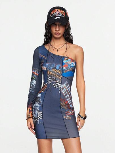 Street Life Street Racing Retro Patchwork Print Asymmetric Shoulder Mini Dress For Women