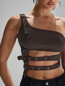 Denimoi Summer Women, Black Scuba One Shoulder Top With Cutouts And Studs, Black Top - Coffee Brown - View 2