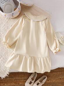 Genkimix Kids Toddler Girls' Peter Pan Collar Long Sleeve Patchwork Ruffled Hem Cute Bear Embroidery Korean Style Dress Fall Winter - Khaki - View 2