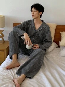 DAZY 格子衬衫搭配长裤，多色宽松男士家居服套装，秋季、秋冬季睡衣
