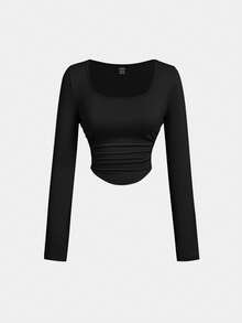SHEIN MOD 3件套女士褶皱休闲方领长袖T恤套装，保暖衣物，秋季女装，外出上衣，假日女装，新年装，深粉色上衣 - 珊瑚粉 - 查看 7