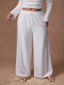 SHEIN PETITE CURVE Solid Color Casual Loose Drawstring Waist Comfortable Pants Fall Cloth For Women - White - View 3