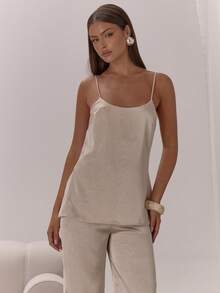 MUSERA ملابس علوية سباغيتي ذو حمالات رفيعة مصنوع من الساتان، قصير وضيق، مناسب للمناسبات الليلية الفاخرة والعطلات والحفلات - كاكي - مشاهدة 1