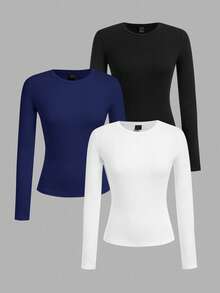 SHEIN EZwear Set 3 bucăți/set de femei mărime plus, cu guler rotund, casual, strâmt, cu mânecă lungă, potrivit pentru toamnă/iarnă