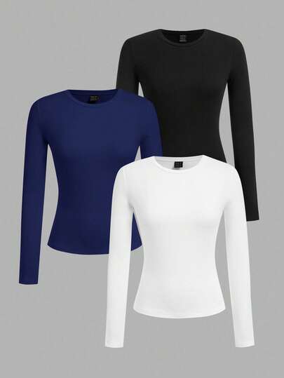 SHEIN EZwear 3 件套大码女式圆领休闲紧身长袖 T 恤套装，适合秋冬季