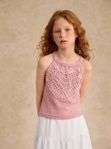 Tween Girl Vacation Beach Floral Lace Trim Fitted Sleeveless Crop Top, Summer Girls Lace Top - Dusty Pink - View 6