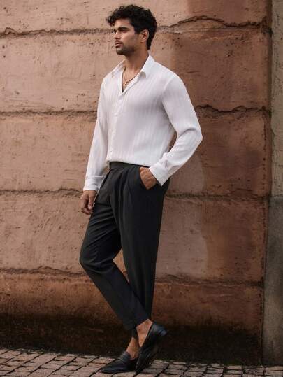 Manfinity VCAY Men's Casual Solid Color Slim Fit Long Sleeve Shirt, Fall, Old Money