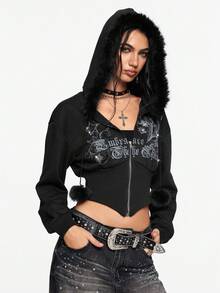 ROMWE Grunge Punk Y2K Subculture 复古修身豹纹连帽运动衫，复古花卉印花水钻装饰女式运动衫 - 黑色 - 查看 10