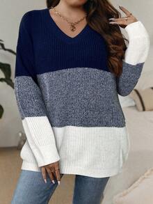 SHEIN LUNE 秋冬大码拼色V领休闲套头衫 - 藏蓝色 - 查看 1