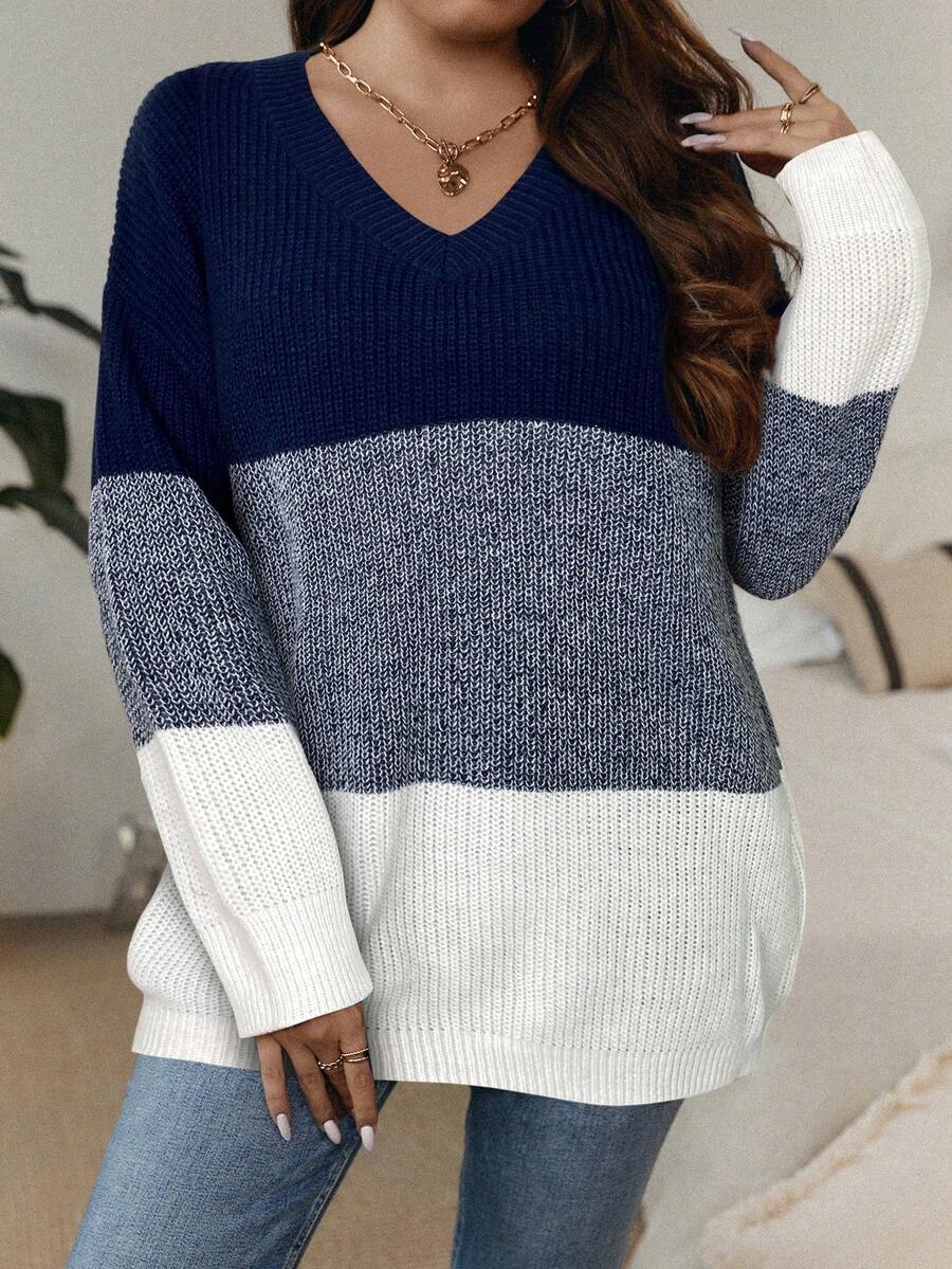 SHEIN LUNE 秋冬大码拼色V领休闲套头衫 - 藏蓝色 - 查看 1