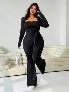 Solflare 秋冬天鹅领不对称褶皱长袖T恤搭配喇叭裤，黑色弹力针织两件套，适合休闲、约会、派对、返校、通勤黑色两件套曲线裤套装 - 黑色 - 查看 7