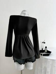 Elamini 女士休闲扭纹前V领长袖T恤，百搭新款，春秋季