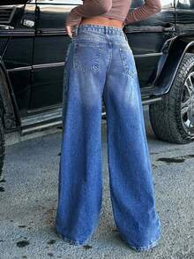 EURMUSE 100%纯棉女式口袋装饰阔腿宽松低腰牛仔裤 - 寶藍色 - 查看 2