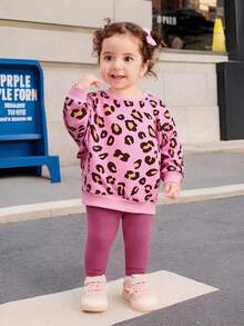 SHEIN 2pcs Baby Girl Casual Knit Leopard Print Sweatshirt & Elastic Waist Pink Pants Set, Autumn/Winter - Pink - View 6
