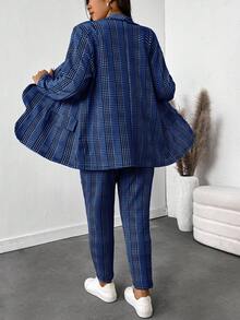 SHEIN Essnce 大码女装秋冬时尚休闲舒适基础日常黑白格子长袖西装外套和紧身裤两件套，女式西装外套套装，工作服，曲线办公室服装，裤子套装，商务休闲女装，老款风格女装，办公室 - 藍色 - 查看 2