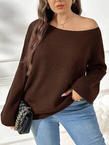 SHEIN Essnce Quần áo nữ cỡ lớn mùa thu mùa thu Quần áo nữ thời trang mới thường ngày đi làm vải chải thường ngày màu trơn màu xanh nước biển rộng rãi mặc nhiều lần (một bên vai, vai xiên, vai thường) Áo len dệt kim, áo len chui đầu hở vai, áo dài tay hở vai, áo len nữ mùa thu, - màu nâu - Xem 7