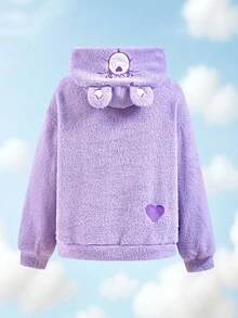 SHEIN X Care Bears Women's Cartoon Embroidered Fluffy Long Sleeve Hooded Sweatshirt