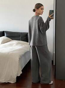 Livesso 女士休闲宽松圆领上衣和阔腿裤两件套 - 灰色 - 查看 2