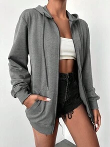 EURMUSE 100%Cotton Casual Long Sleeves Zip Up Drawstring Hoodie - Grey - View 4