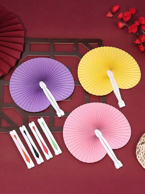 Abanico de papel plegable circular blanco, decoración de boda, abanico de papel para boda y viaje, Día de San Valentín, abanico plegable de mano, abanico circular de decoración de boda, mango de plástico, regalo para invitados de boda y cumpleaños, abanico de papel plegable circular DIY, decoración de fiesta con abanico de papel
