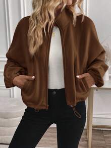 Easowa 女士拉链抽绳长袖保暖抓绒时尚休闲立领卫衣，棕色，秋冬季 - 棕色 - 查看 6