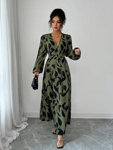 Elenzga Women's Elegant Fashion Commuter Casual Comfortable Charming Retro Long Sleeve V-Neck Waist Gathered A-Line Pleated Hem Long Printed Dress (Random Print) - Green - View 5