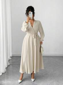 Elenzga Plus Size Women Elegant Long Sleeve Bowknot A-Line Dress, Autumn/Winter Fall Cloth For Women - Yellow - View 1