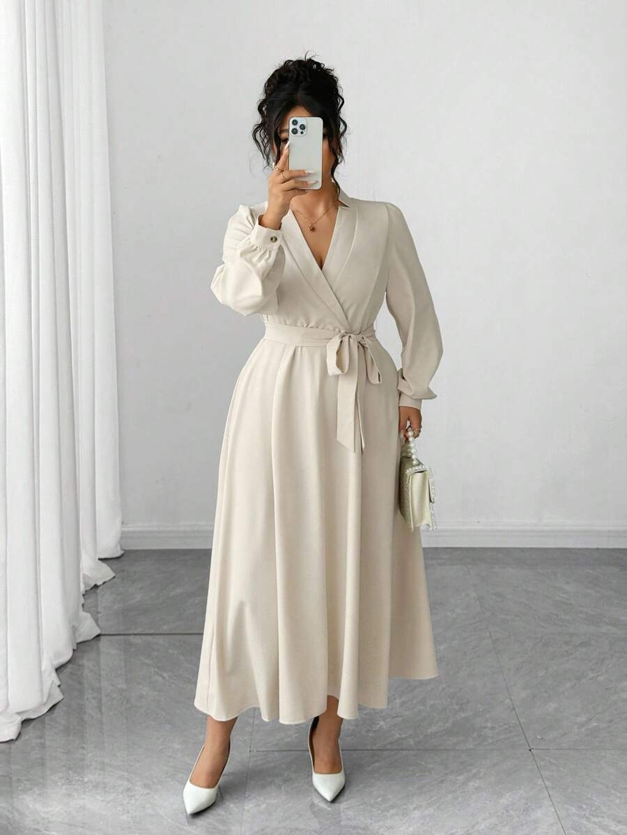 Elenzga Plus Size Women Elegant Long Sleeve Bowknot A-Line Dress, Autumn/Winter Fall Cloth For Women - Yellow - View 1