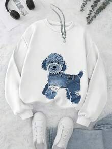 EMERY ROSE 可爱小狗牛仔印花女式图案卫衣，女式圆领套头衫 - 白色 - 查看 3