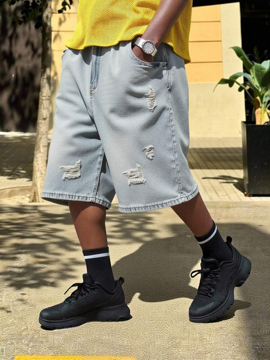 EASEVO Plus Size Men's Casual Denim Shorts, Suitable For Summer - Blue - View 1