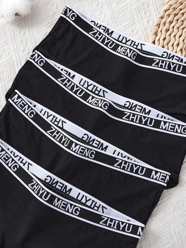 Cute Black Fabric Graphic Print Short Panties For Tween Girls 4-Pack With Tape Details Fall Winter - Black - View 4