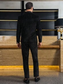 Manfinity AFTRDRK 男士奢華水鑽單排扣西裝外套與長褲套裝，黑色波點，秋季，優雅，派對，老錢風燕尾服西裝，適用商務、宴會與典禮，正式 - 黑色 - 查看 3