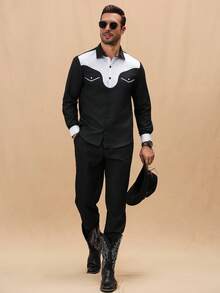 Manfinity Nomadique Men's Casual Everyday Contrast Color Button-Front Shirt And Pants Set,Fall Clothes - Black - View 5