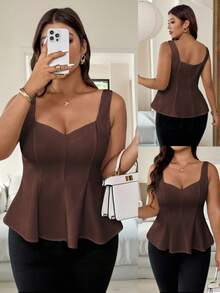 Vionelle 大码女式优雅无袖吊带背心，浪漫法式风格，适合办公室、通勤、下午茶、派对、度假，鸡心领口，正面锁孔，腰部收紧，A 字廓形，适合春夏季 - 棕色 - 查看 5