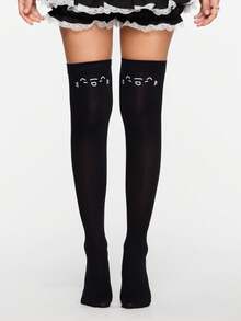 ROMWE Anime 1 双白色可爱卡哇伊猫脸纯色简约时尚个性化女士过膝袜，适合动漫 JK 裙装搭配、日常装、购物、上学等。 - 黑色 - 查看 1